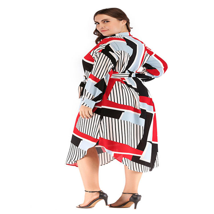 Factory Direct Supply To Iduoduo Fat Mm European And American Large Size Round Neck Long Sleeve Striped Color Matching Strap Shirt Dress A136 - Image 5