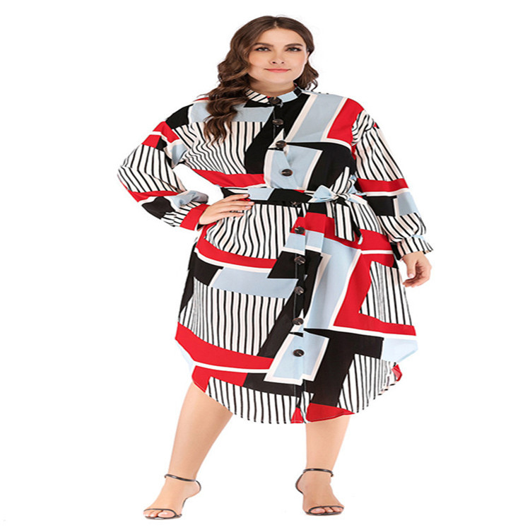 Factory Direct Supply To Iduoduo Fat Mm European And American Large Size Round Neck Long Sleeve Striped Color Matching Strap Shirt Dress A136 - Image 3