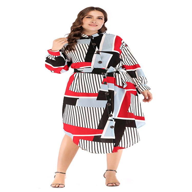 Factory Direct Supply To Iduoduo Fat Mm European And American Large Size Round Neck Long Sleeve Striped Color Matching Strap Shirt Dress A136 - Image 4