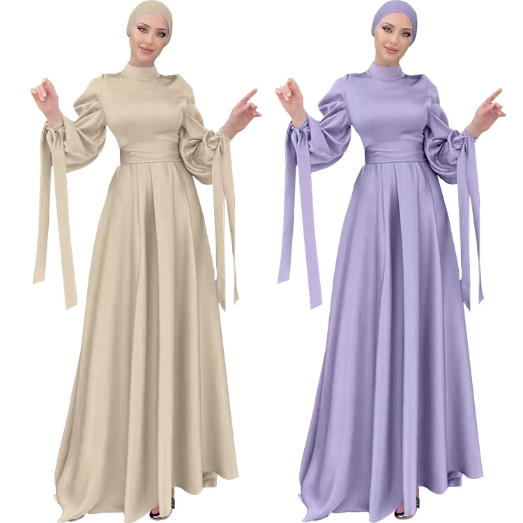 Middle East islamic Satin long dress lady dubai Bubble sleeves traditional Muslim women dress factory price shenzhen lily cheng - Image 6