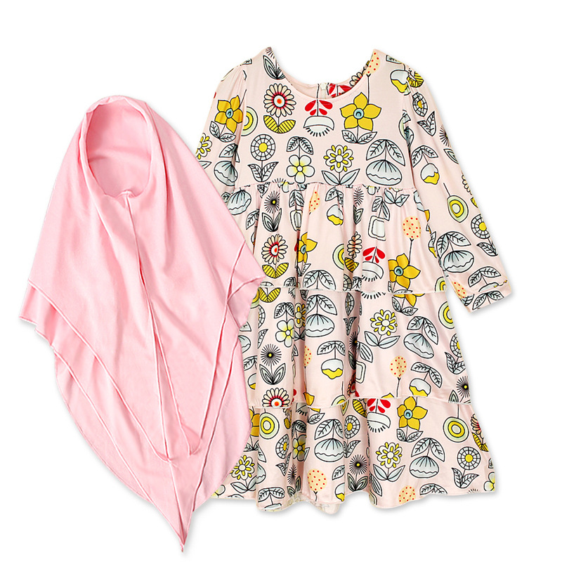 Middle East kids Muslim Flowers Printing 3 pieces set Maxi plus size Children Abaya dresses little Girl wear with hijab - Image 3