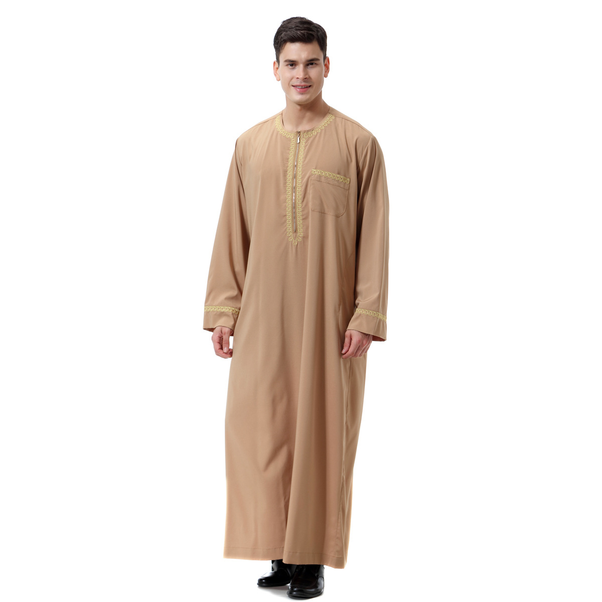 2024 Middle East Men Muslim Robes Dubai Kaftan men Islamic Clothing Arab Middle Printed Zip Round Neck Robe Prayer Eid Clothes - Image 5