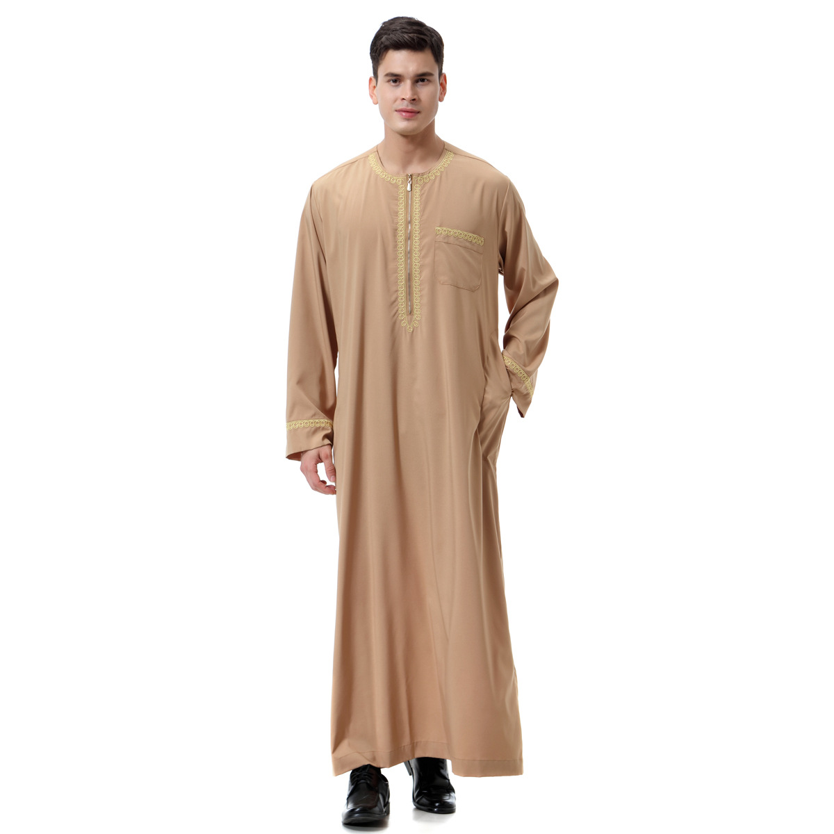 2024 Middle East Men Muslim Robes Dubai Kaftan men Islamic Clothing Arab Middle Printed Zip Round Neck Robe Prayer Eid Clothes - Image 3