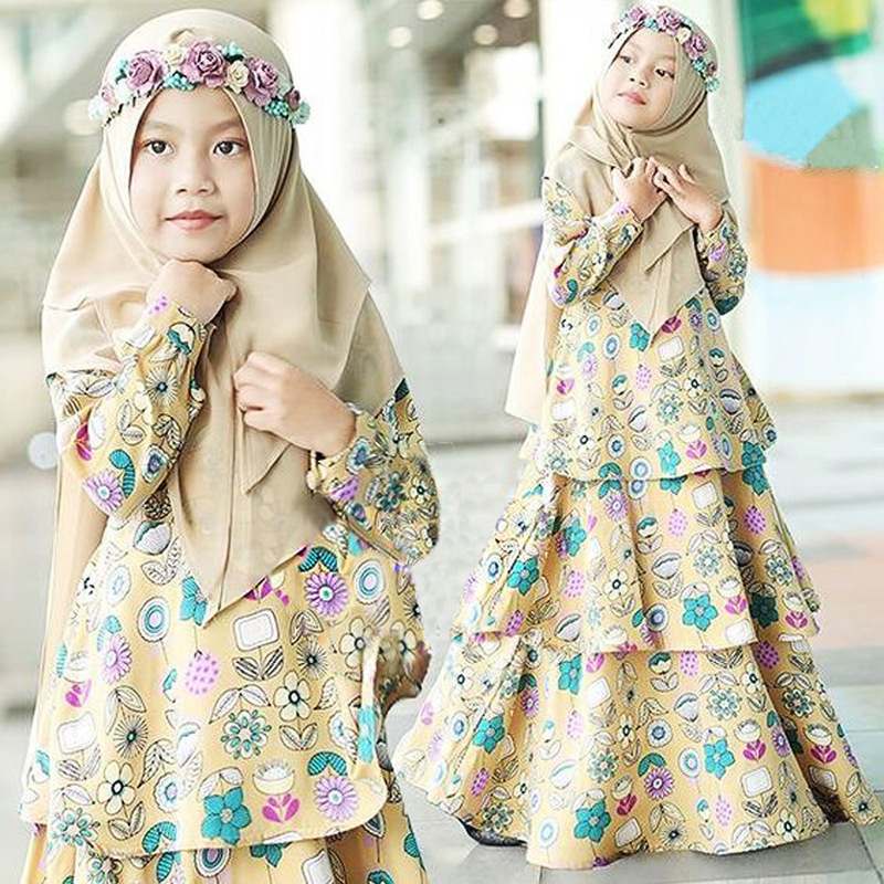 Middle East kids Muslim Printing FloweR cake Pray set Clothing Maxi Children Abaya long dresses little Girl wear with hija - Image 3