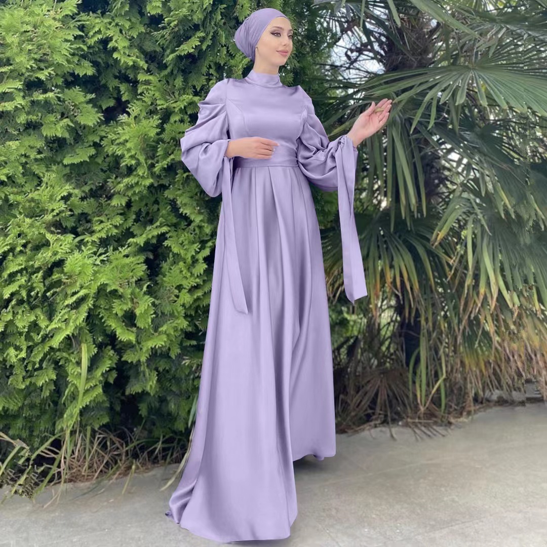 Middle East islamic Satin long dress lady dubai Bubble sleeves traditional Muslim women dress factory price shenzhen lily cheng - Image 2