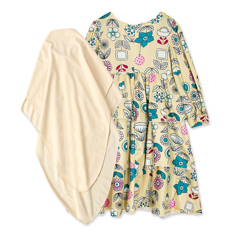 Middle East kids Muslim Printing FloweR cake Pray set Clothing Maxi Children Abaya long dresses little Girl wear with hija - Image 4