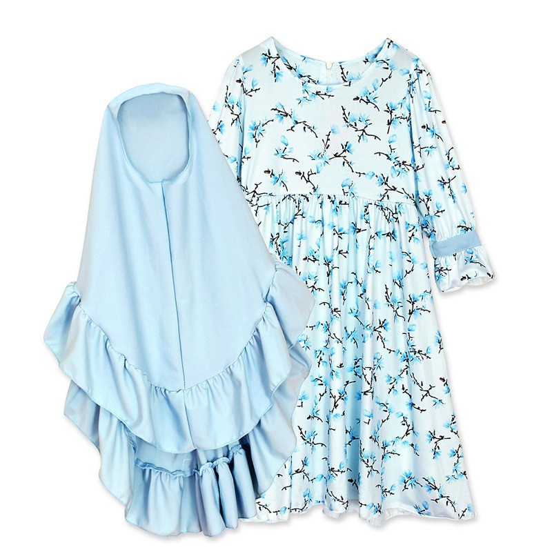Middle East kids Muslim Printing cute set Maxi plus size Children Abaya long dresses little Girl wear with hijab - Image 3