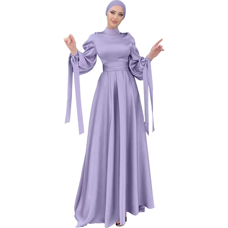 Middle East islamic Satin long dress lady dubai Bubble sleeves traditional Muslim women dress factory price shenzhen lily cheng - Image 5