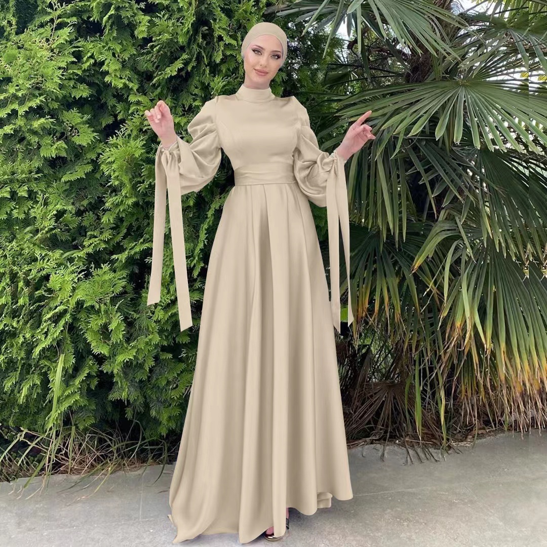 Middle East islamic Satin long dress lady dubai Bubble sleeves traditional Muslim women dress factory price shenzhen lily cheng - Image 4