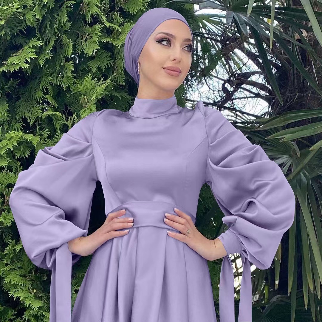 Middle East islamic Satin long dress lady dubai Bubble sleeves traditional Muslim women dress factory price shenzhen lily cheng - Image 3