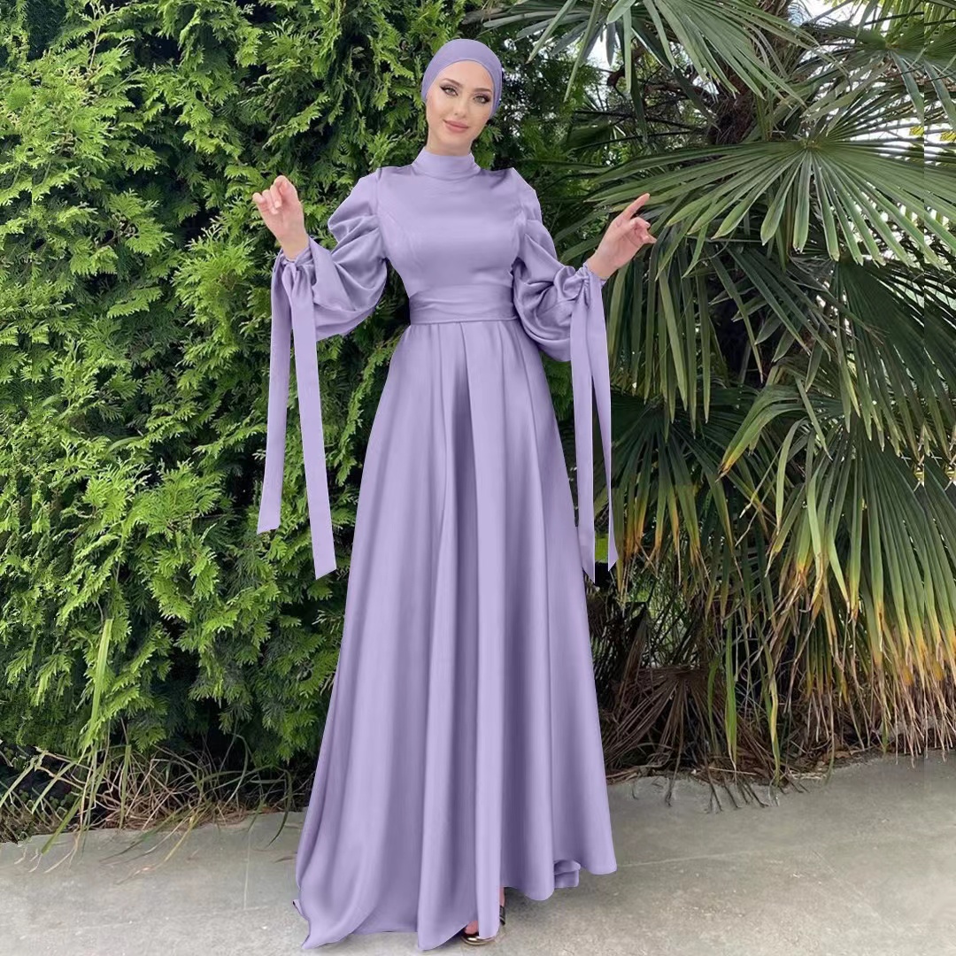 Middle East islamic Satin long dress lady dubai Bubble sleeves traditional Muslim women dress factory price shenzhen lily cheng