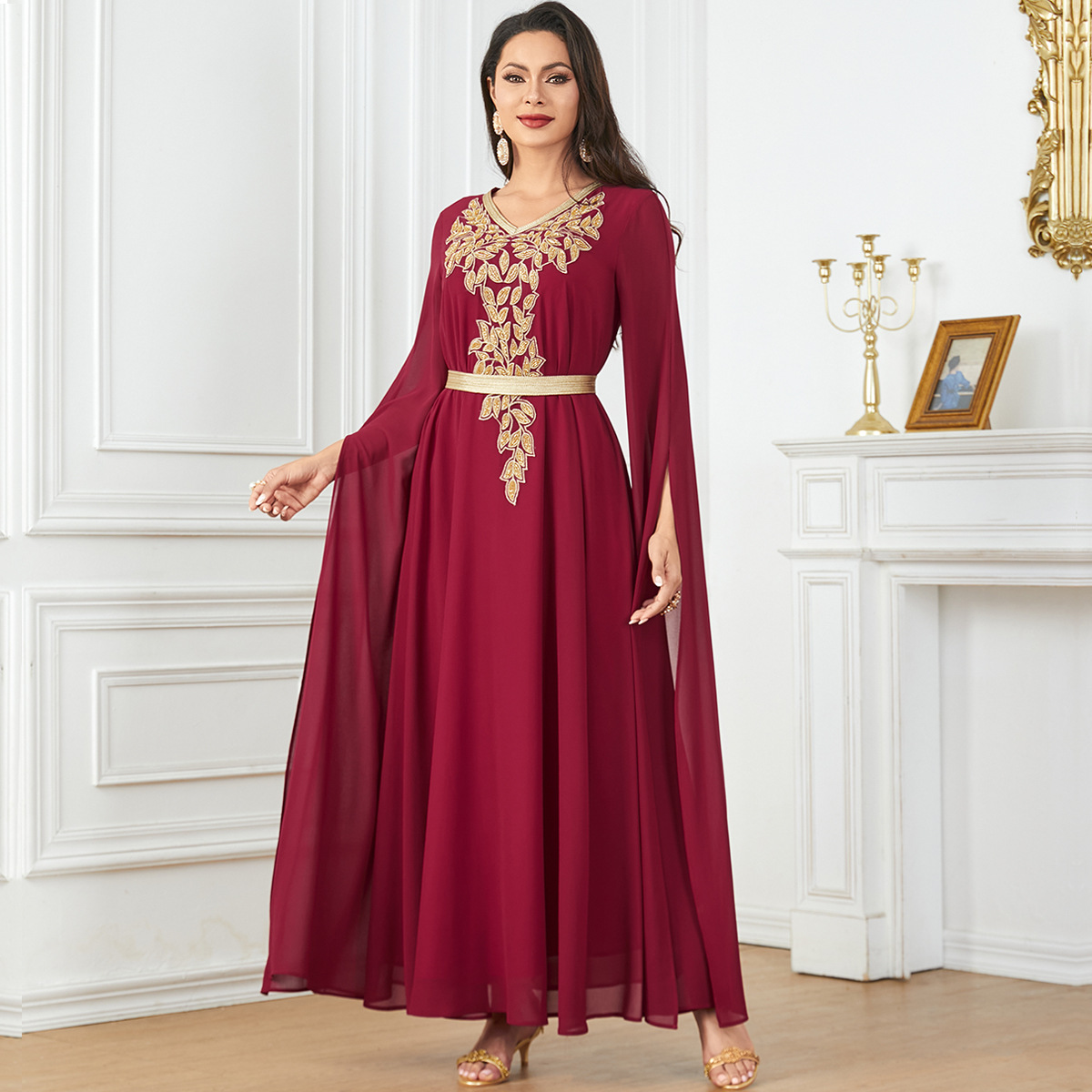 3853 Middle East Amazon Cross-Border New Solid Color Muslim Robe Extra Long Sleeves Wide Swing Women's Dress - Image 4