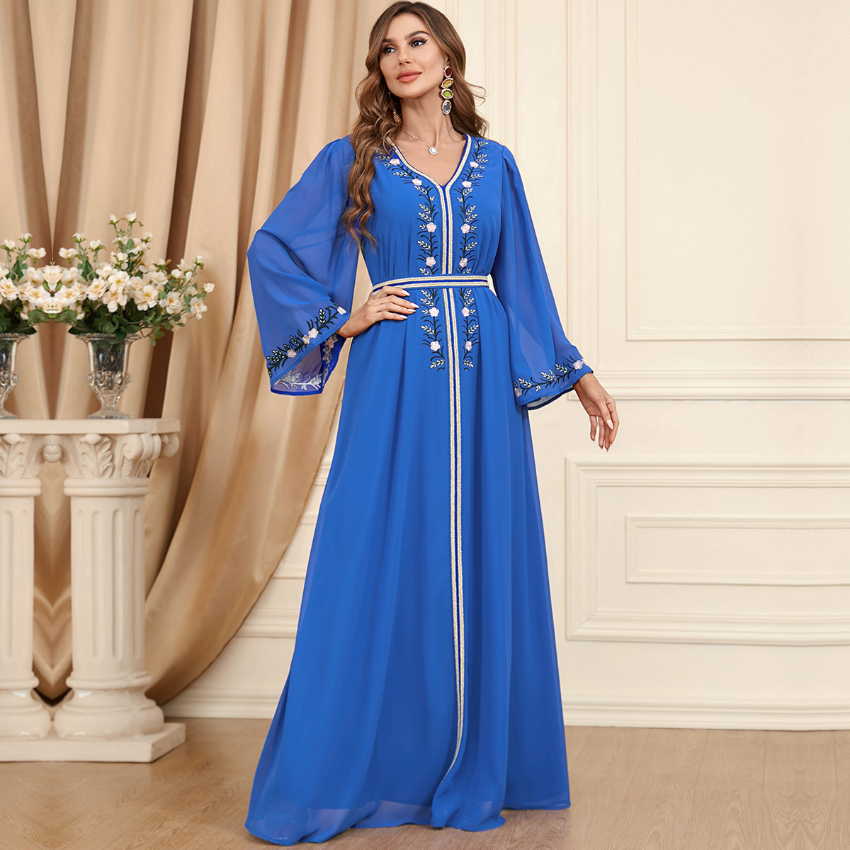 3344 2023 Middle Eastern Arabian Autumn And Winter New Women's Clothing European And American Fashion Chiffon Embroidered Women's Dress - Image 2
