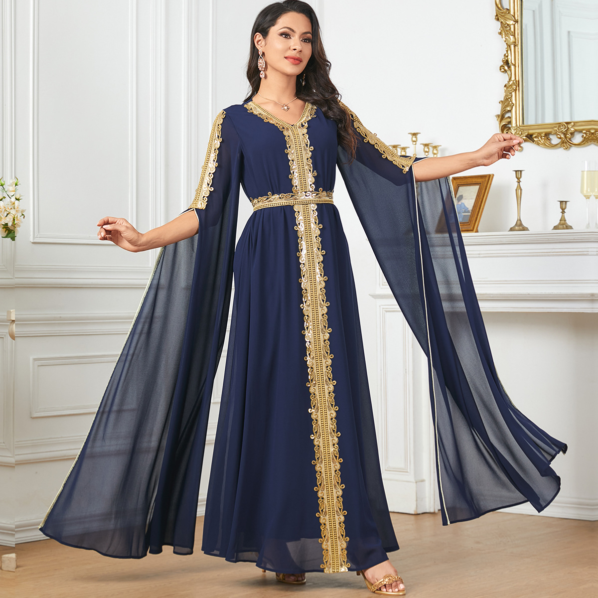 3917 Middle East Dubai Elegant Evening Dress Long Dress Golden Lace Splicing Ultra Long Sleeve Dress Muslim Clothing - Image 2