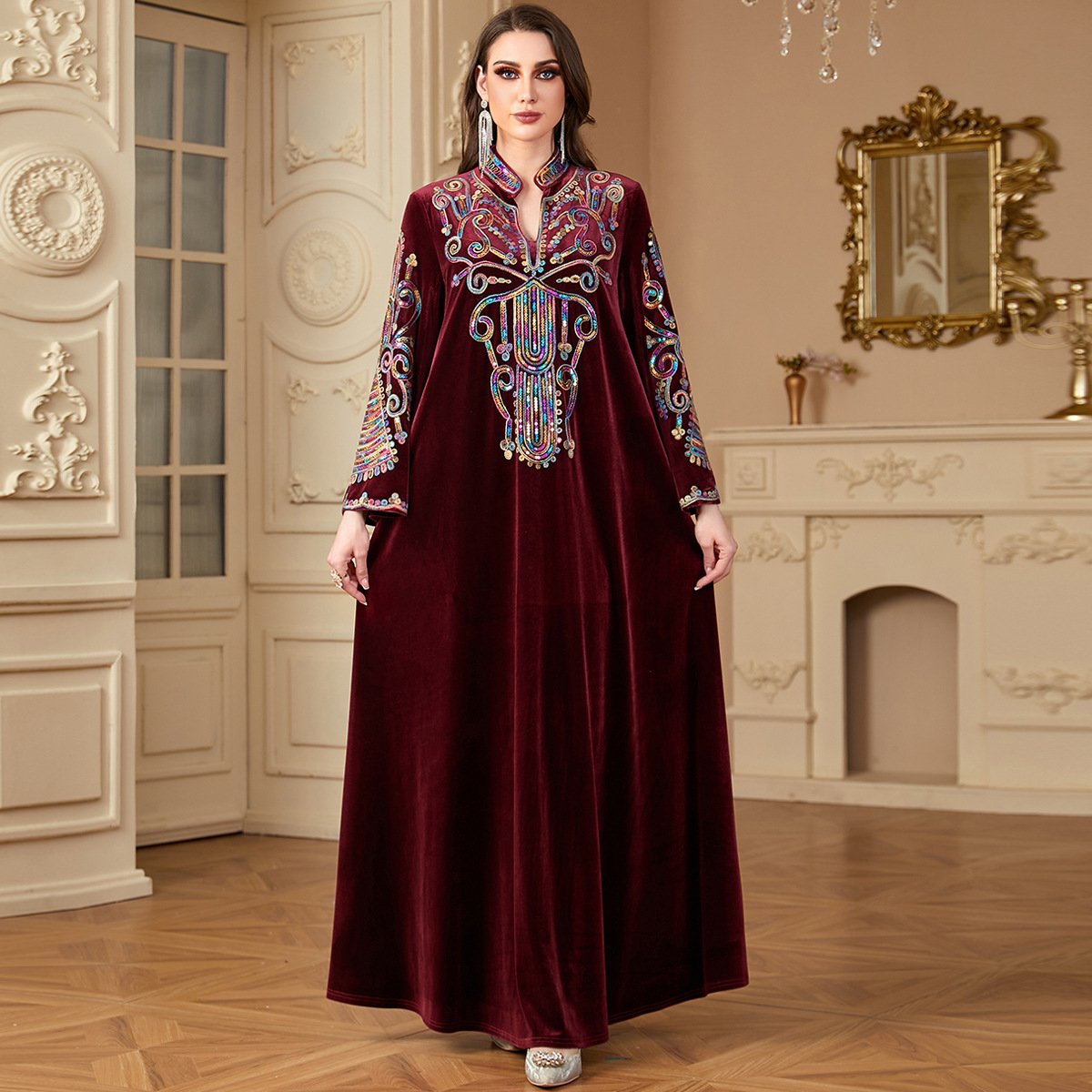 4199 Middle East Cross-Border Gold Velvet Sequin Rope Embroidery Arabic Long Skirt Muslim Autumn And Winter Long-Sleeved Dress - Image 2