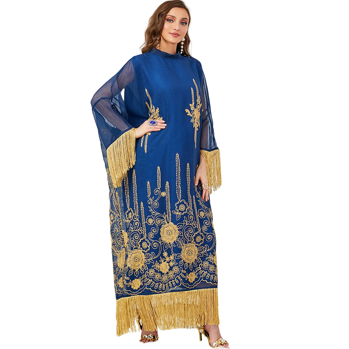 3650 Middle Eastern Muslim Robe Cross-Border Women's European And American Bat Sleeves Tassel Splicing Abaya Dress - Image 5