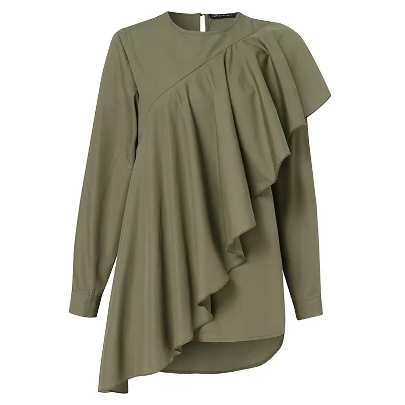 Factory Direct Supply To Iduoduo Southeast Asia Ruffled Round Neck Temperament Top Solid Color Loose Long-Sleeved Shirt Rl128 - Image 4