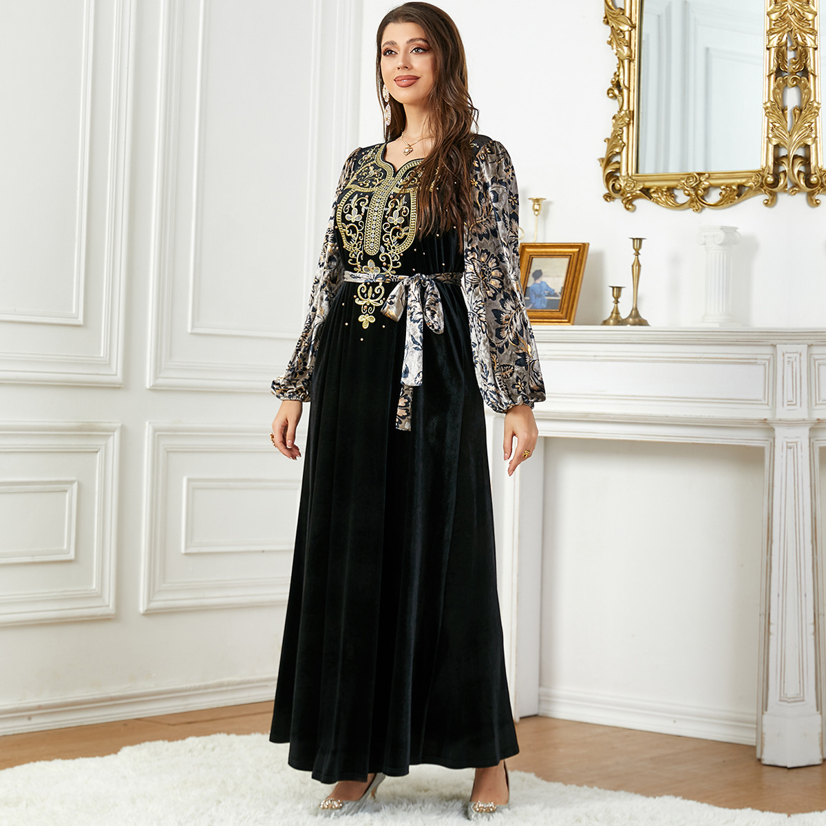 3787 Middle Eastern Muslim Robe Autumn And Winter Velvet Stitching Beaded Women's Dress Elegant Long Skirt - Image 3