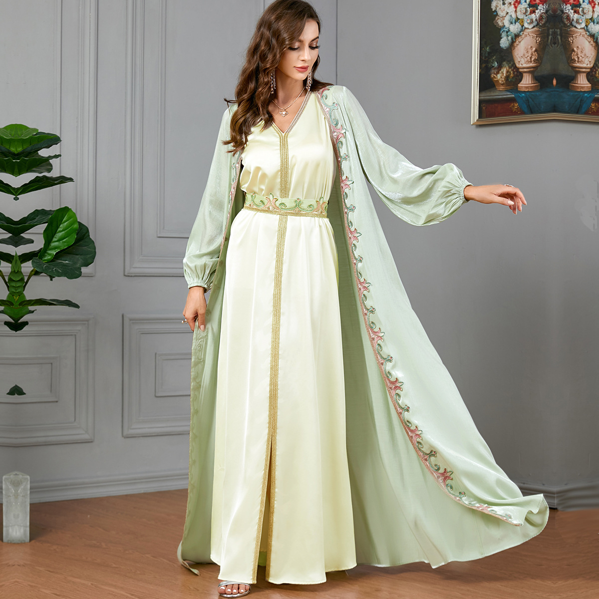 3337 Muslim Women's Robe Suit Women's Fashion Two-Piece European And American Long-Sleeved Abaya Dress - Image 3