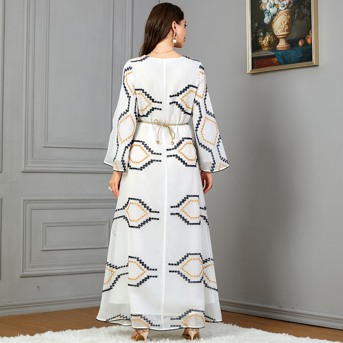 3800 Aliexpress Independent Station Round Neck Mesh Embroidered Arabian Evening Dress Muslim Long Sleeve Dress - Image 4