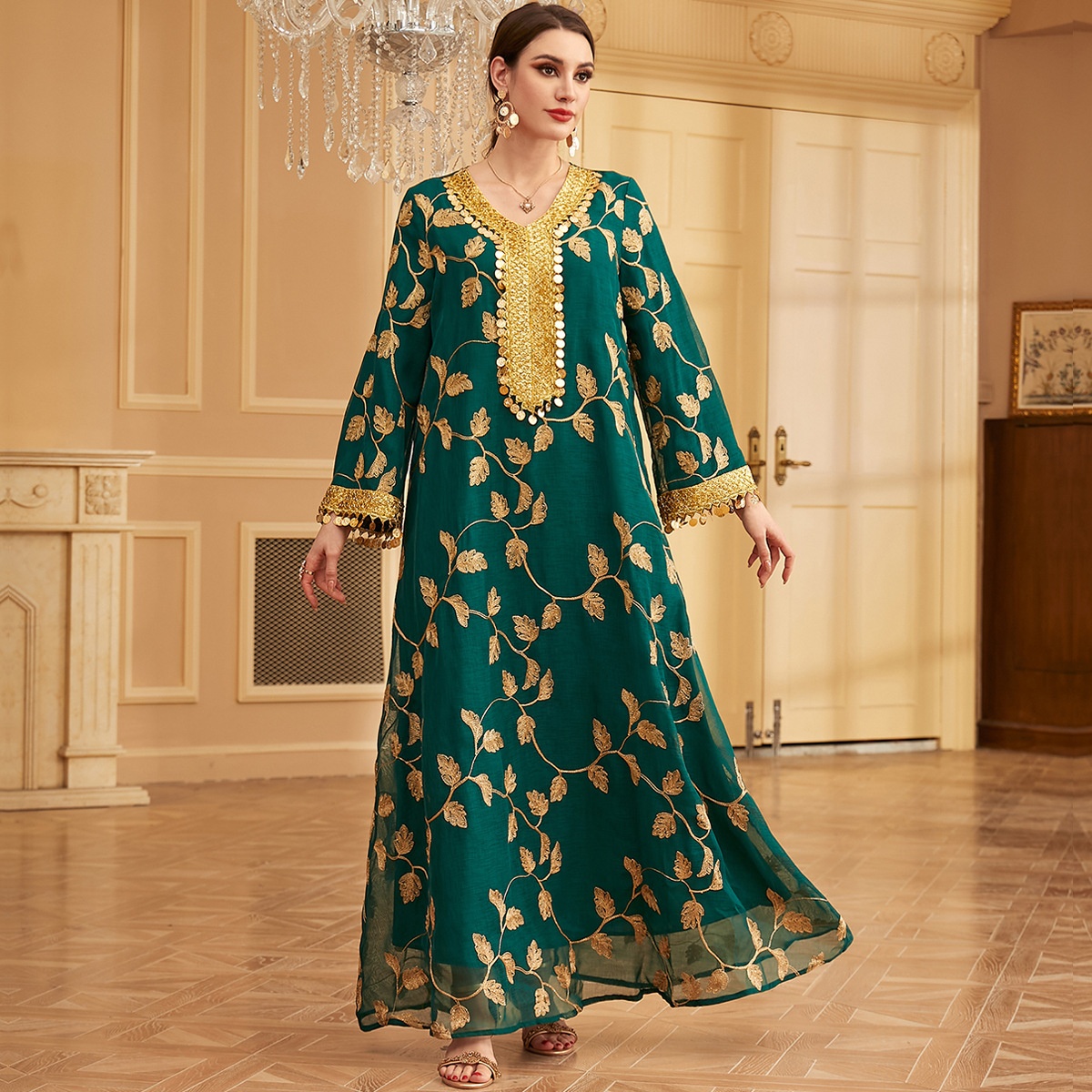 3816 Middle East Arabian Dubai Mesh Embroidered Evening Dress European Muslim Party Dinner Fashion Dress - Image 3