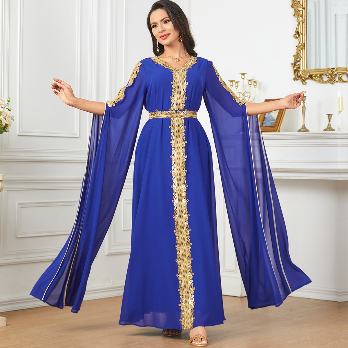 3917 Middle East Dubai Elegant Evening Dress Long Dress Golden Lace Splicing Ultra Long Sleeve Dress Muslim Clothing - Image 3