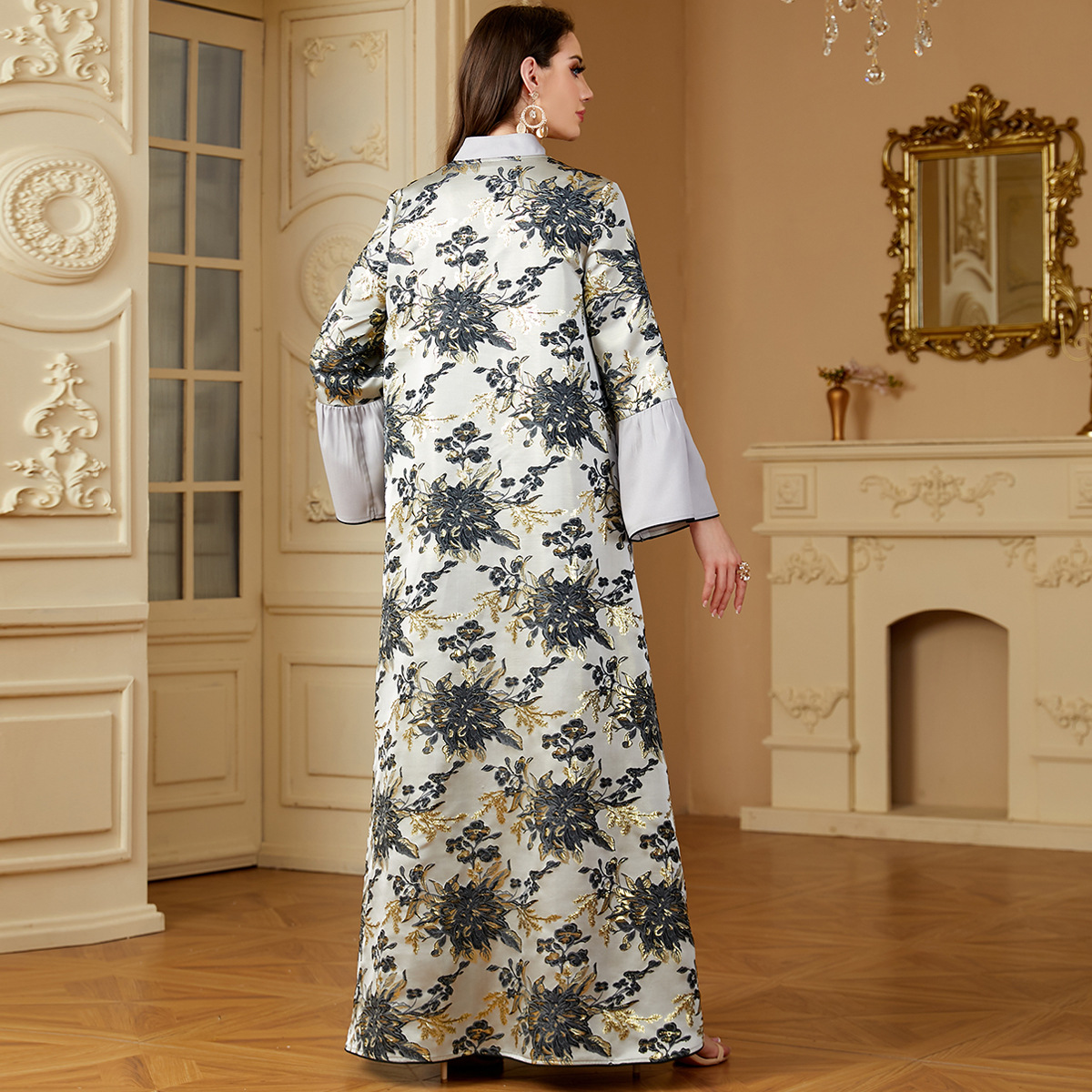 4174 Middle East Cross-Border Muslim Robe Women's Long Skirt Jacquard Stitching Contrast Embroidery V-Neck Long-Sleeved Dress - Image 3