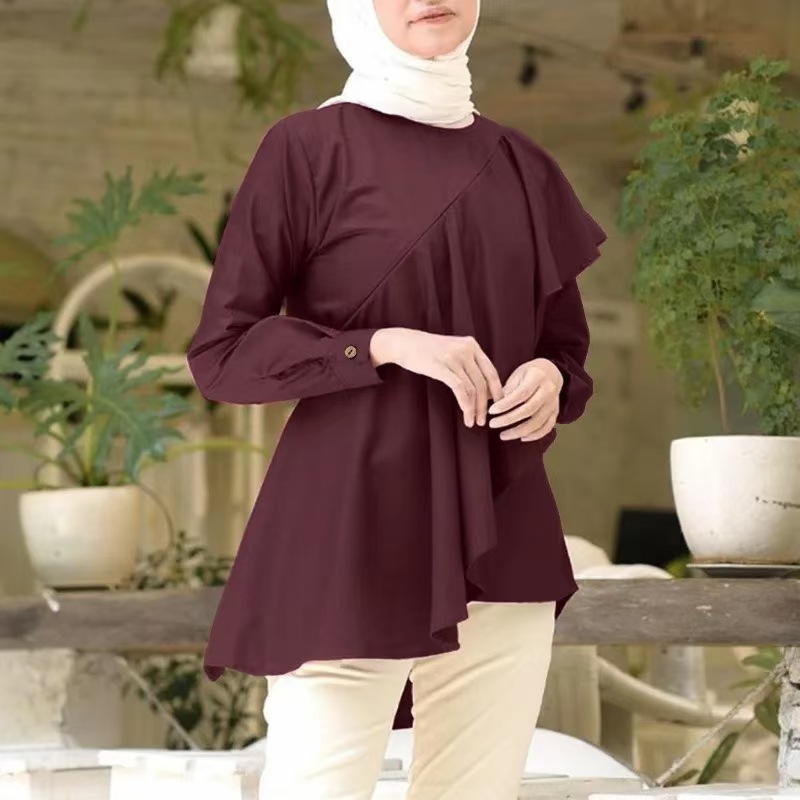 Factory Direct Supply To Iduoduo Southeast Asia Ruffled Round Neck Temperament Top Solid Color Loose Long-Sleeved Shirt Rl128 - Image 3