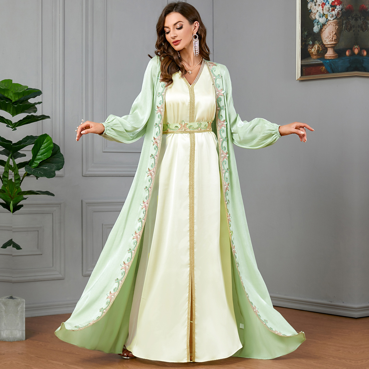 3337 Muslim Women's Robe Suit Women's Fashion Two-Piece European And American Long-Sleeved Abaya Dress - Image 2