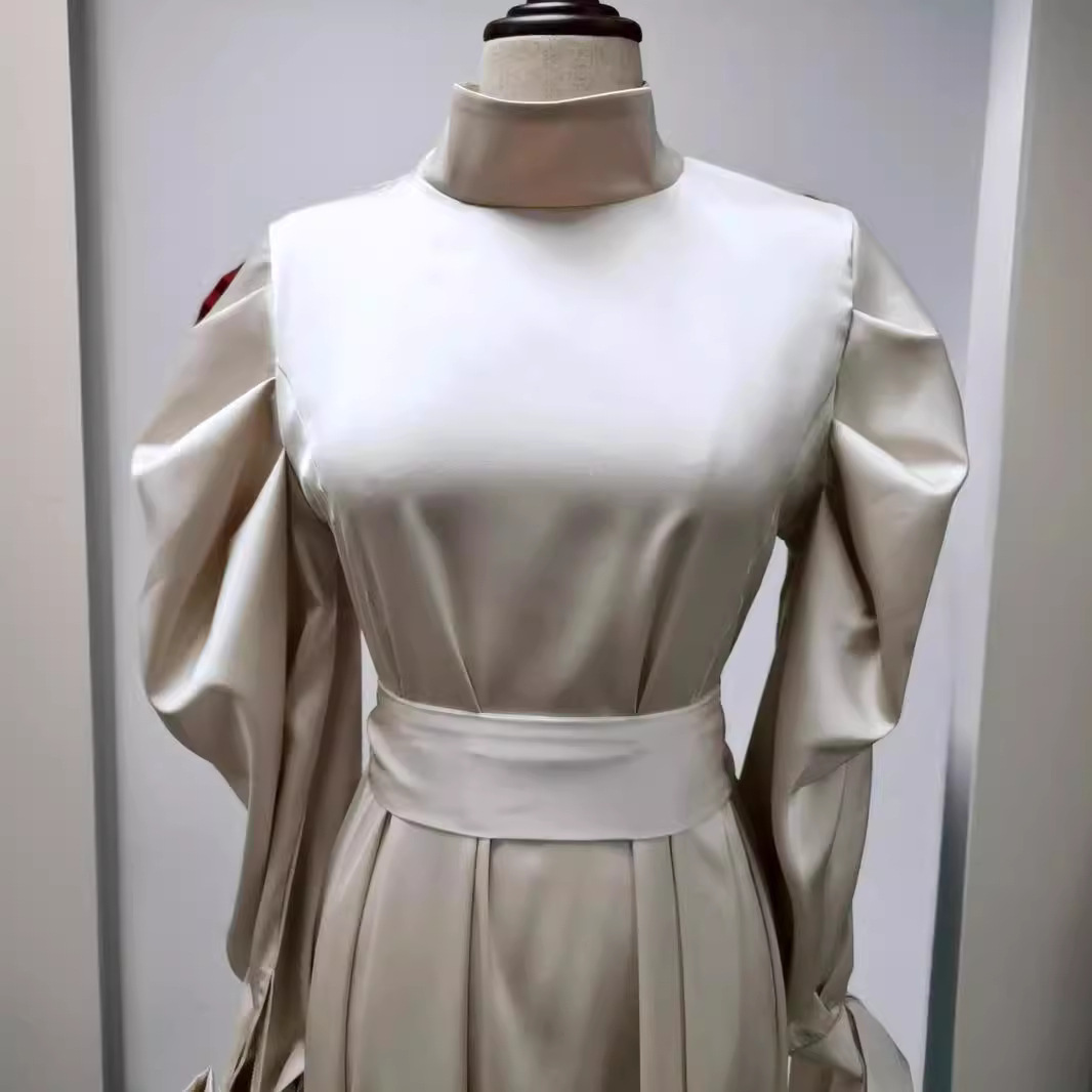 Directly From The Manufacturer, Iduoduo European And American New Model Stand-Up Collar Satin Dress, Soft And Waisted Puff-Sleeved Long Skirt 21488 - Image 4