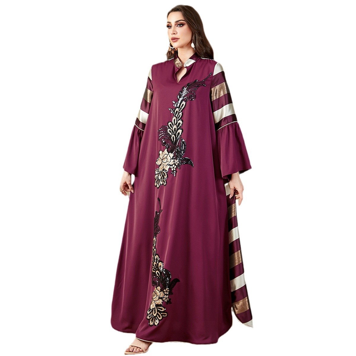4162 Middle East Cross-Border New Style Spliced Long Skirt Loose Women's Robe Muslim Striped Contrast Stitching Dress - Image 5