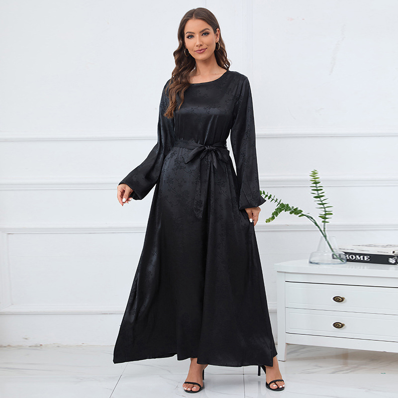 Directly From The Factory, Yi Duoduo's New Elegant Lantern Sleeve Dress Solid Color Jacquard Fabric Round Neck Long Skirt 21515 - Image 6