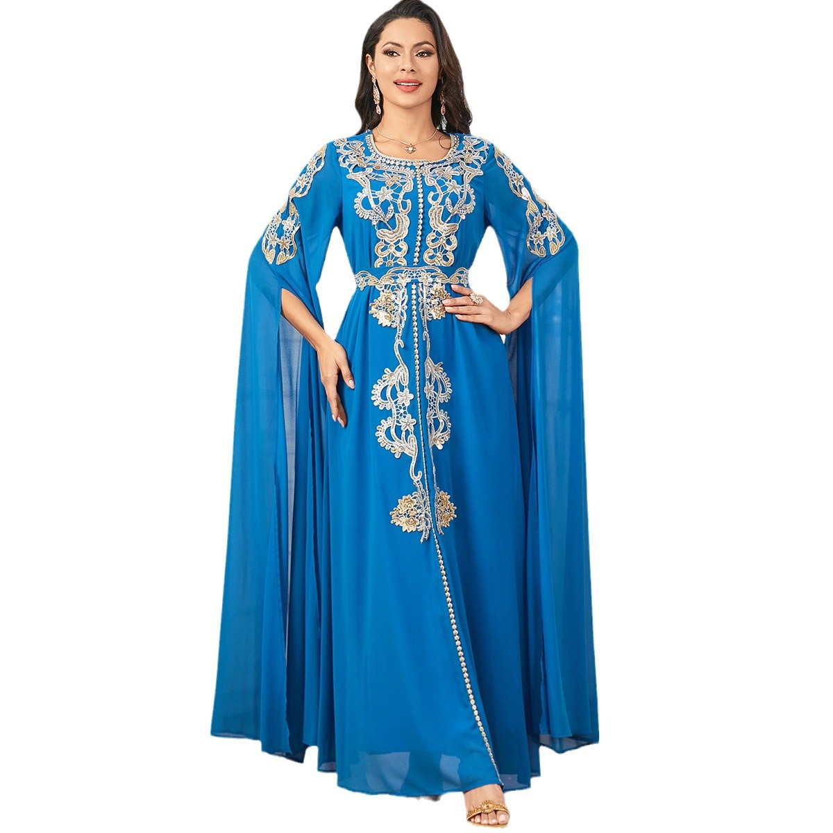 3914 Middle East Dubai Europe And America Cross-Border Amazon Women's Muslim Fashion Robe Large Swing Super Long Sleeve Dress - Image 5