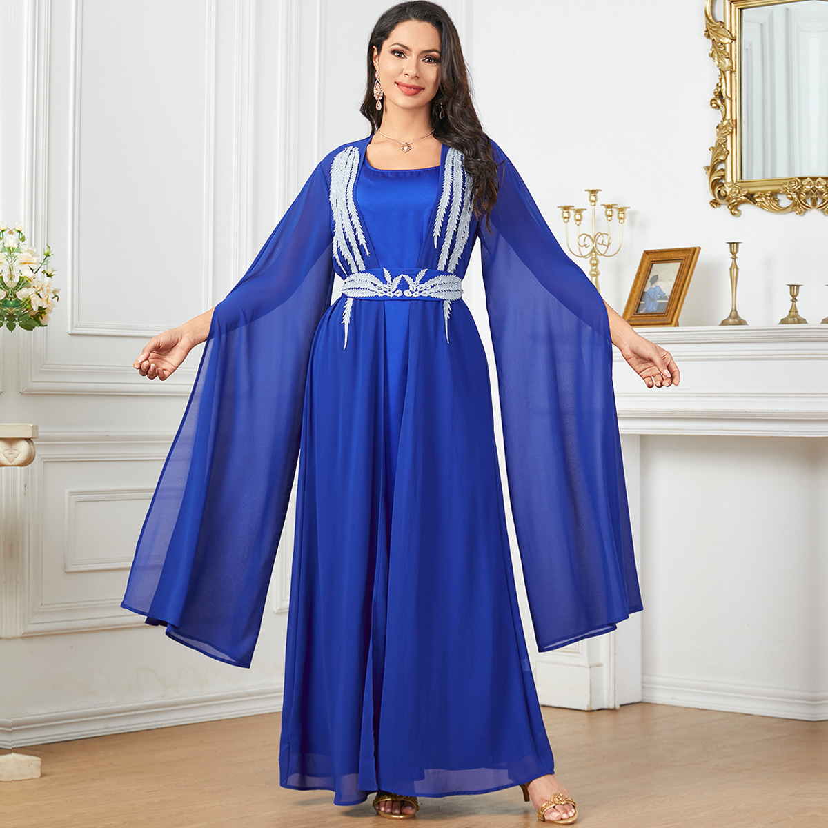 3920 Middle East Amazon Cross-Border New Light Dress With Large Swing Solid Color Loose Robe Two-Piece Dress - Image 3