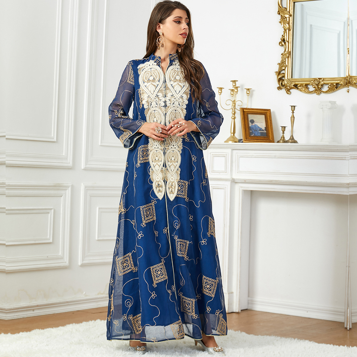 3782 Middle East Cross-Border Muslim Women's Elegant Long Skirt Fashionable Loose Mesh Embroidered Robe Dress