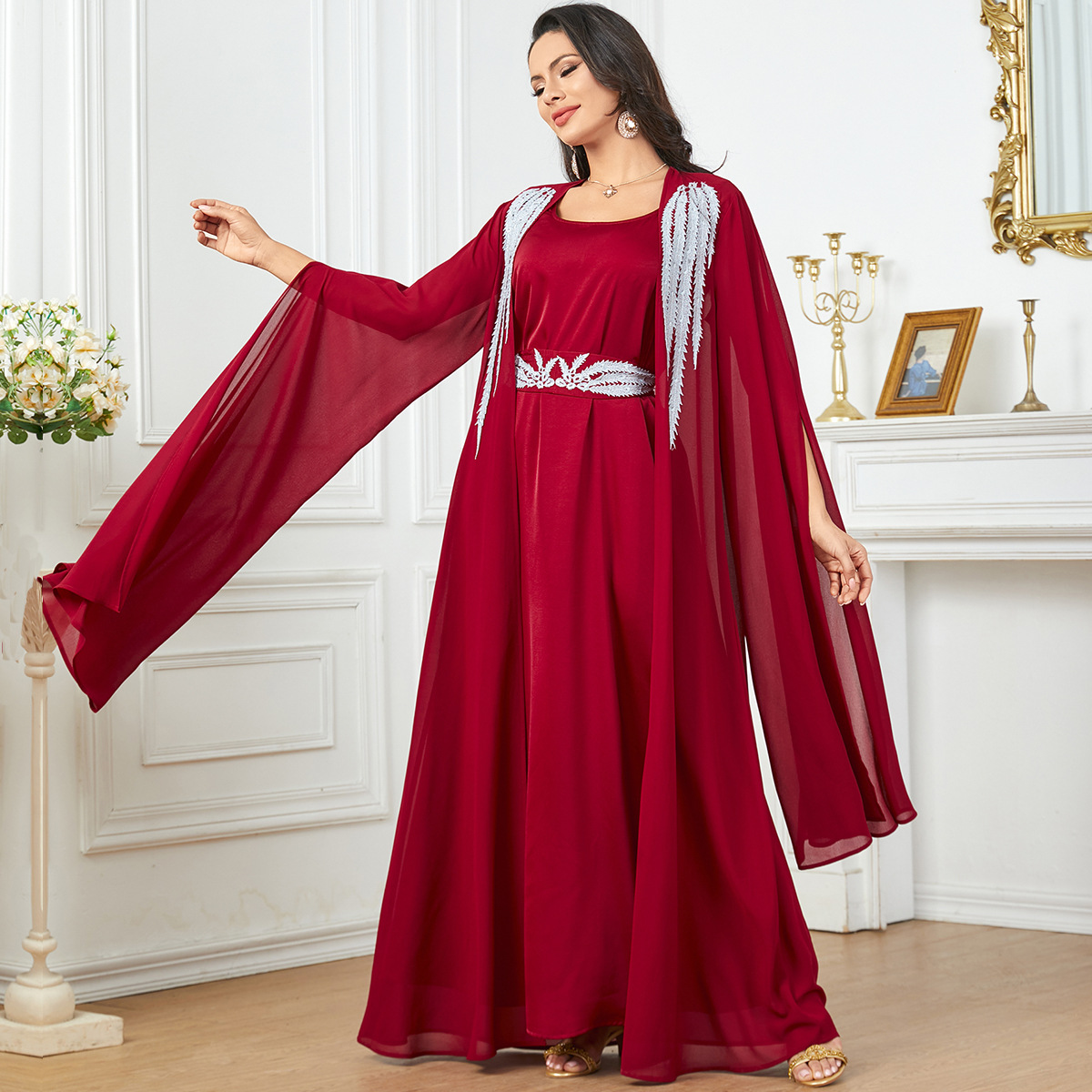 3920 Middle East Amazon Cross-Border New Light Dress With Large Swing Solid Color Loose Robe Two-Piece Dress - Image 2