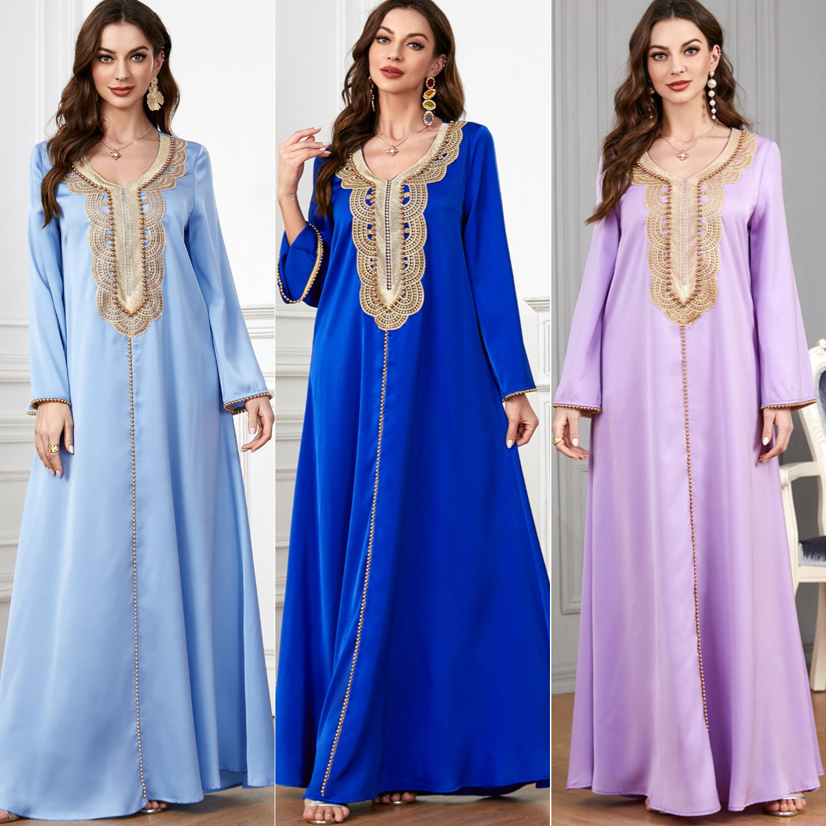 3287 Middle East Cross-Border Abaya Arabic Clothing Women's V-Neck Beaded Long-Sleeved European And American Foreign Trade Dress