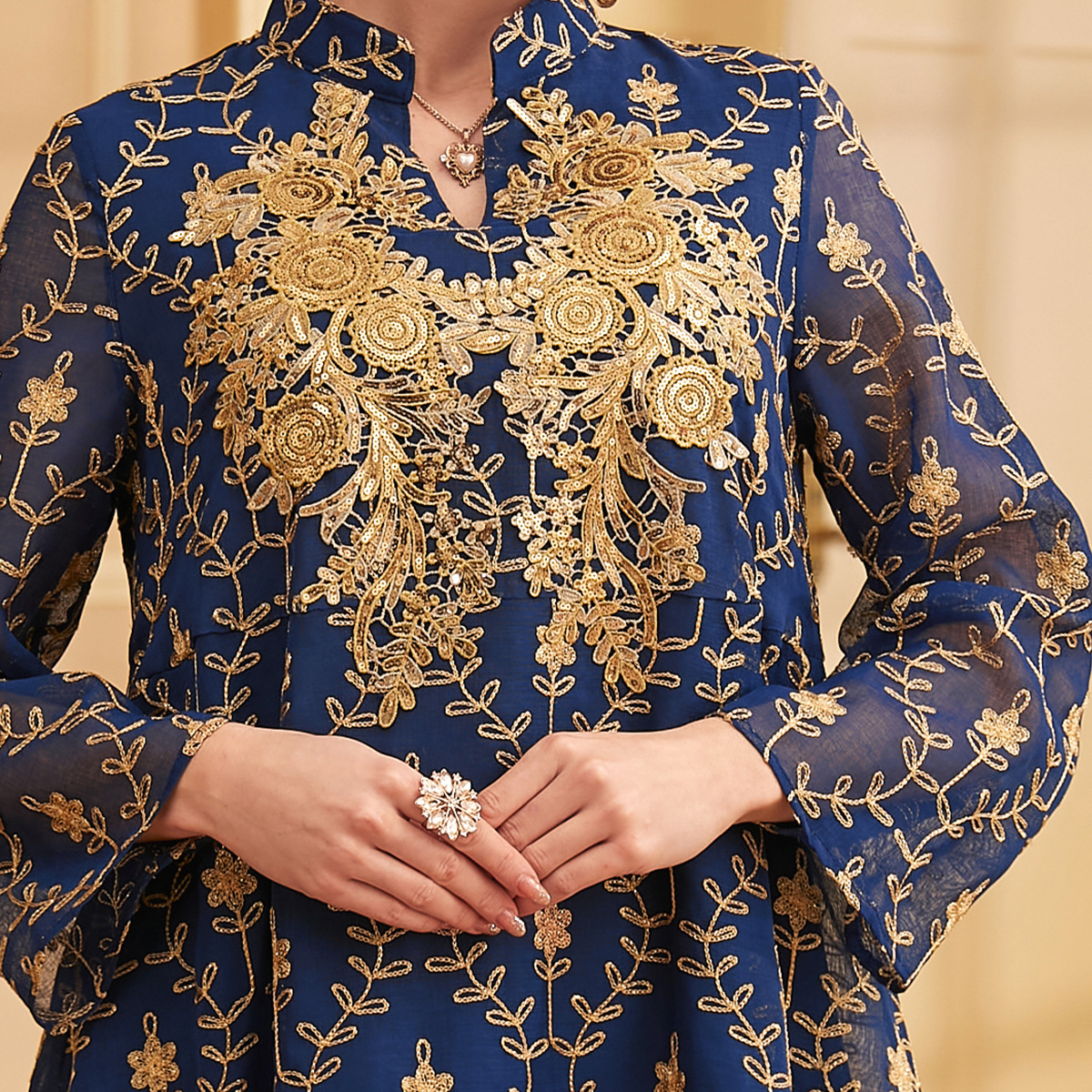 3970 Middle East Cross-Border New Embroidery Positioning Flower Long Skirt Muslim Robe Arabic Women's Casual Dress - Image 4