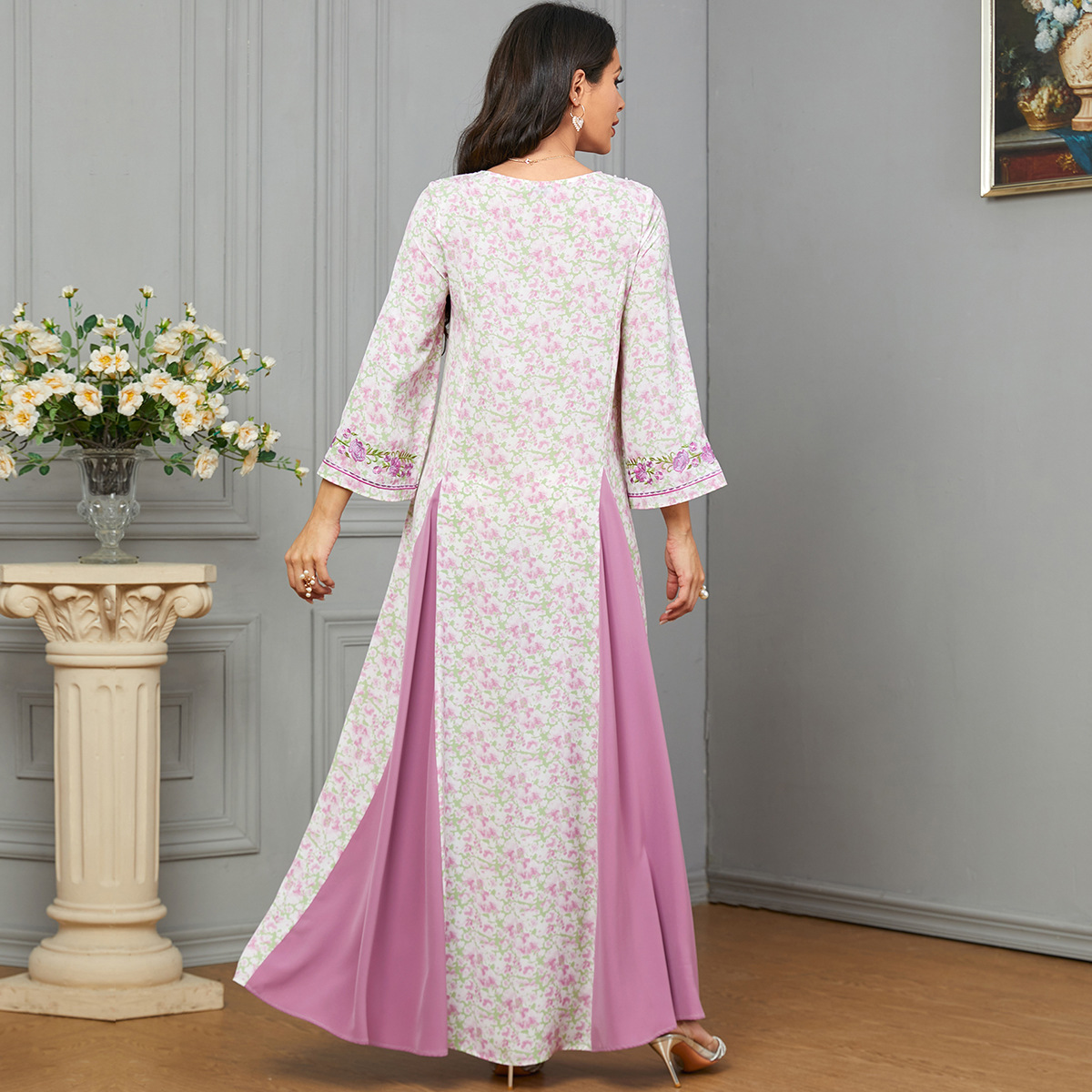 3707 Middle East Amazon Cross-Border New Elegant Women's Dubai Long Skirt Embroidered Contrasting Color Splicing Dress - Image 4