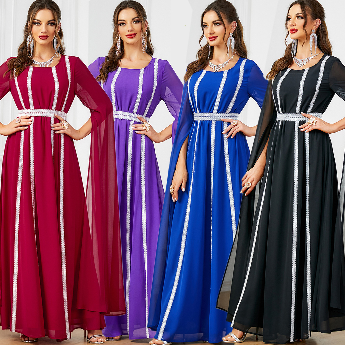 3601 Aliexpress Middle East Dubai Super Long-Sleeved Light Luxury Evening Dress Popular Multi-Color Muslim Women's Clothing