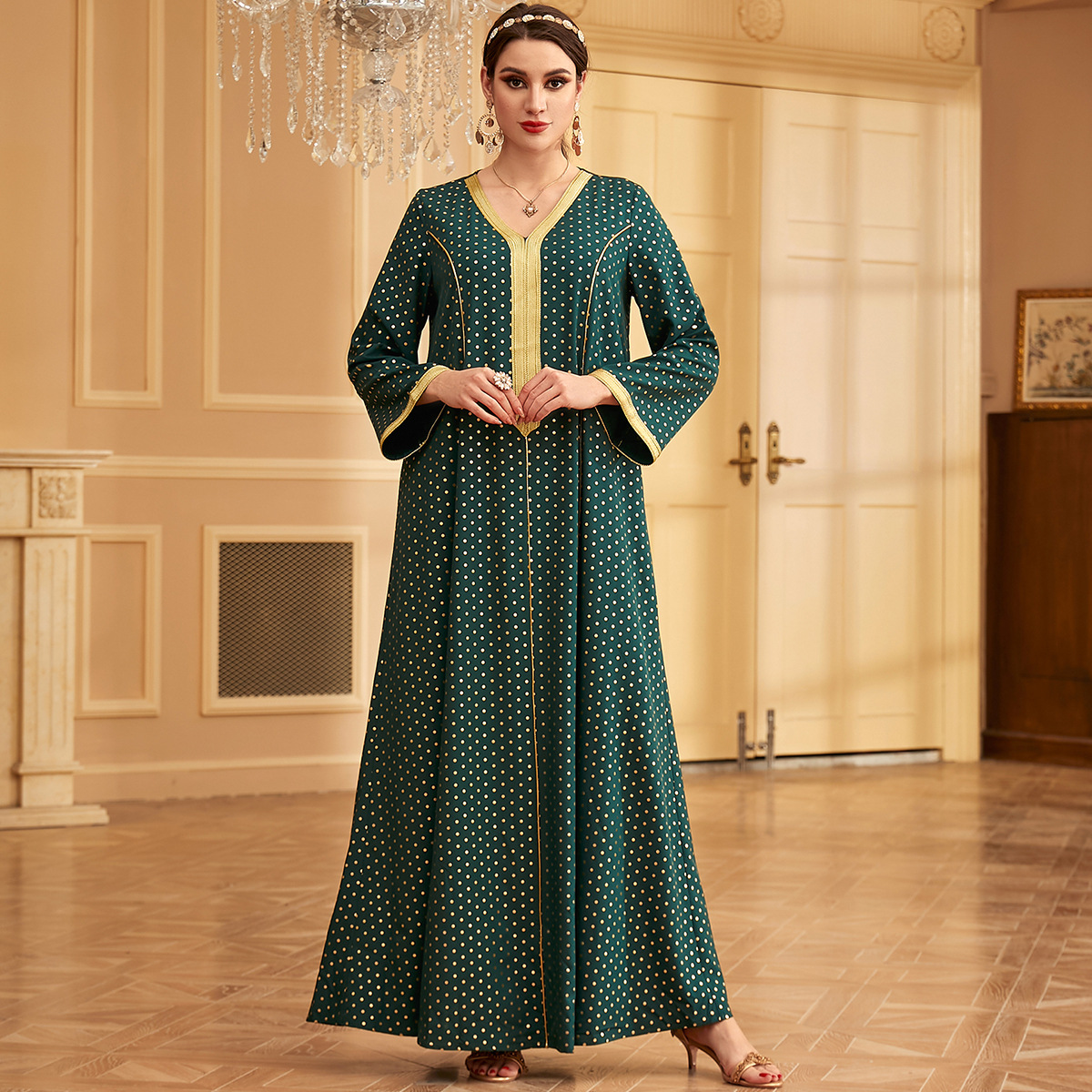 3396 New Cross-Border Middle Eastern Robe Women's Polka Dot Bronzing Abaya Tall Dress For Women - Image 4