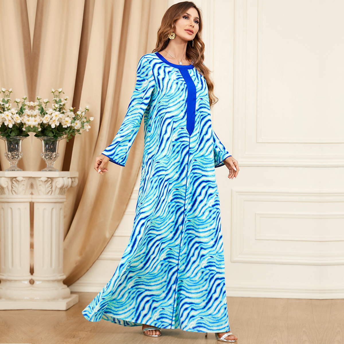 3441 Spot Wholesale Middle East Dubai Women's Clothing Spliced Extra Long Sleeve Spring Women's Abaya Casual Dress - Image 4