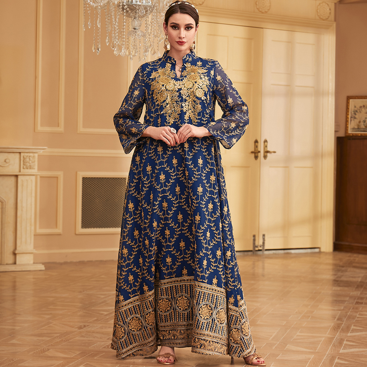 3970 Middle East Cross-Border New Embroidery Positioning Flower Long Skirt Muslim Robe Arabic Women's Casual Dress