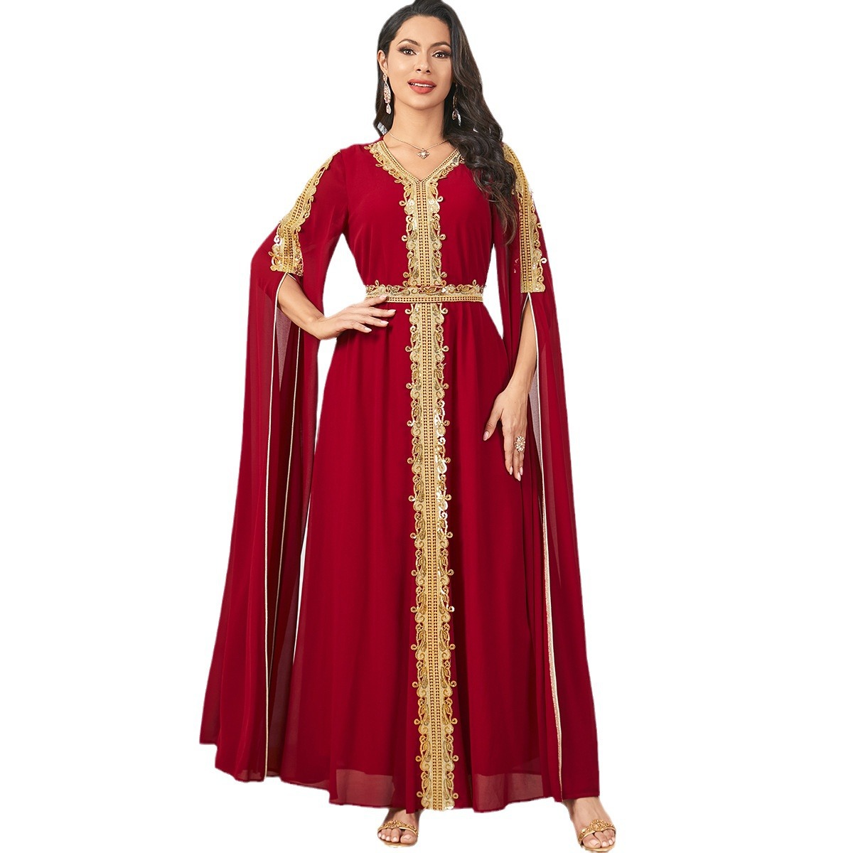 3917 Middle East Dubai Elegant Evening Dress Long Dress Golden Lace Splicing Ultra Long Sleeve Dress Muslim Clothing - Image 5