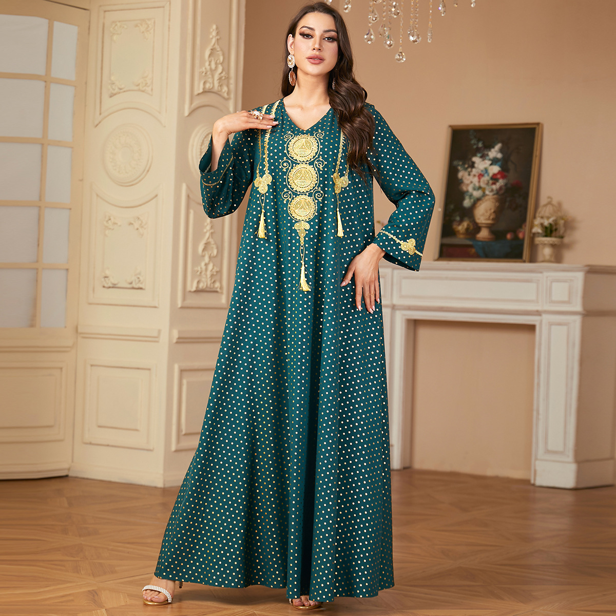 2855 Middle East Cross-Border New Temperament V-Neck Muslim Robe Embroidered Hot Stamping Long-Sleeved Dress For Women