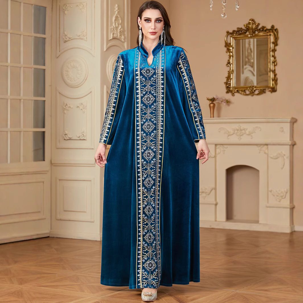 4202 Cross-Border Middle Eastern Women's Robe Foreign Trade Heavy Industry Embroidery Stitching Muslim Dress V-Neck Dubai Long Dress