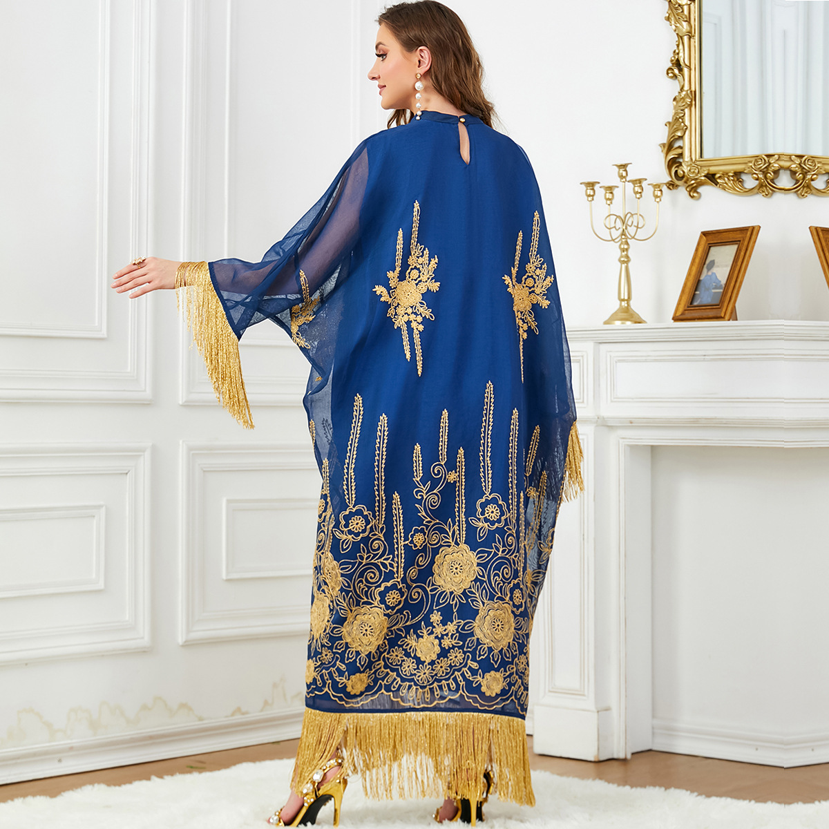 3650 Middle Eastern Muslim Robe Cross-Border Women's European And American Bat Sleeves Tassel Splicing Abaya Dress - Image 3