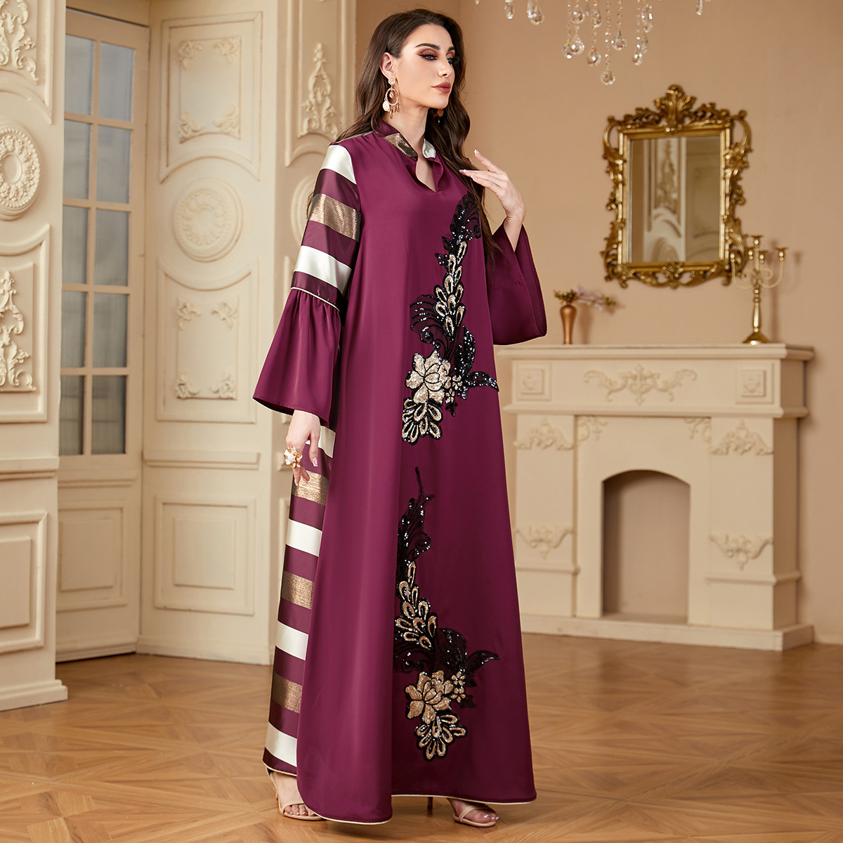 4162 Middle East Cross-Border New Style Spliced Long Skirt Loose Women's Robe Muslim Striped Contrast Stitching Dress - Image 4