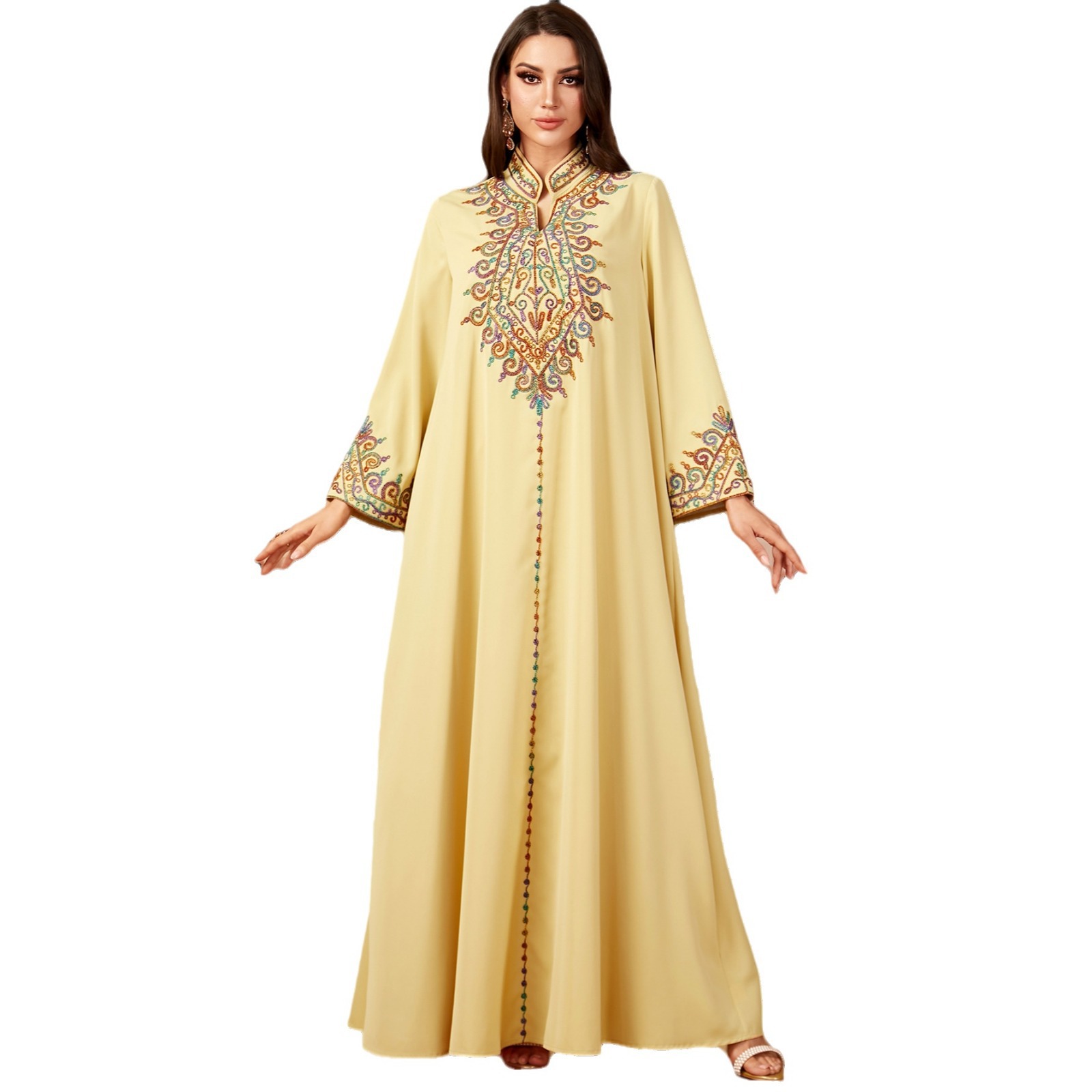 4065 Middle East Cross-Border Robe Muslim Embroidered V-Neck Dress Arabian Dubai Jalabiya Robe - Image 5