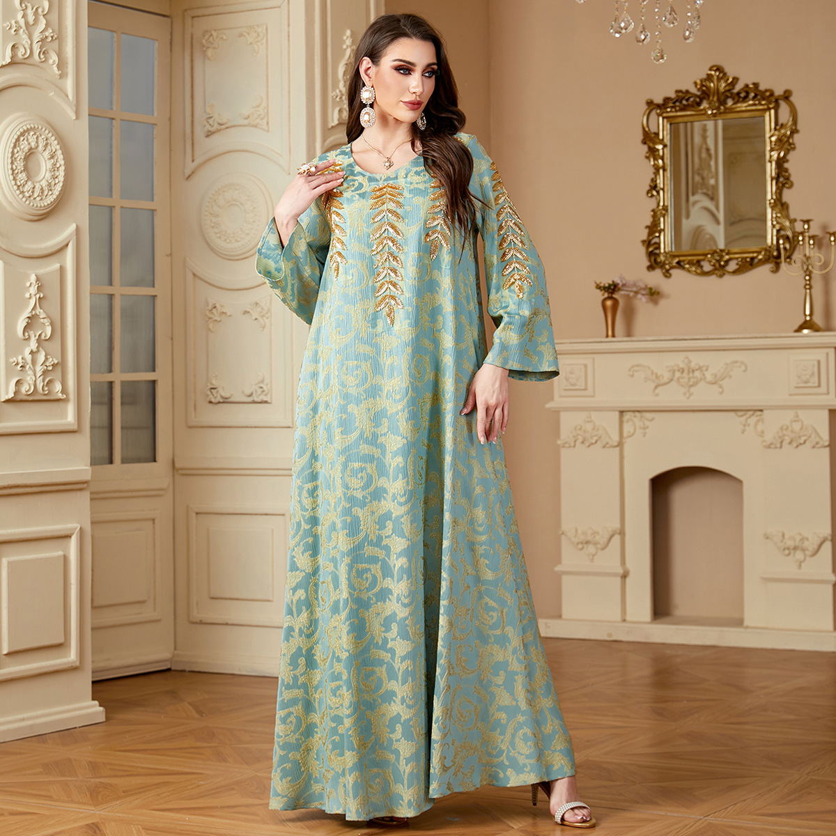 4135 Middle East Cross-Border Muslim Robe Women's Long Skirt Fashionable Jacquard Bead Tube Embroidery Abaya Autumn Dress - Image 2